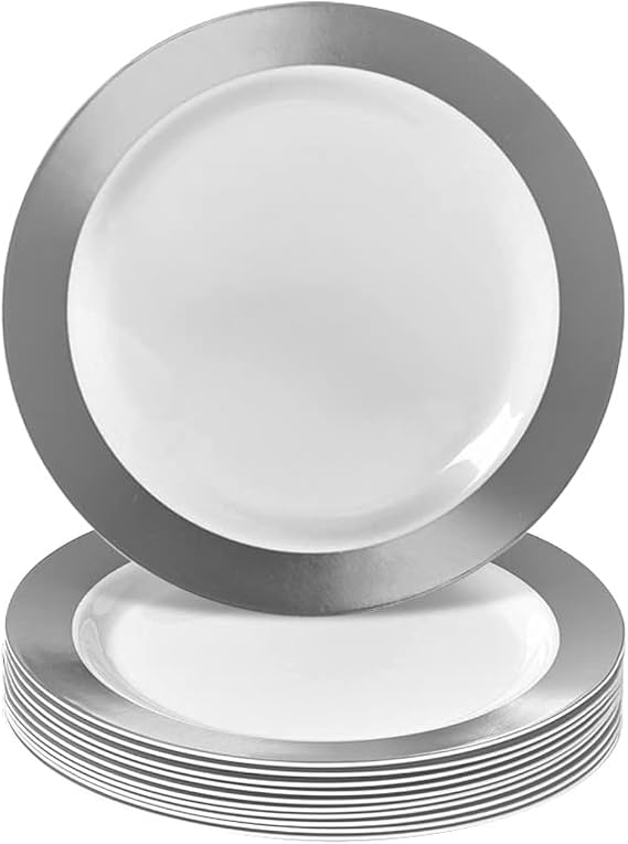 SILVER SPOONS Elegant Disposable Dessert Plates For Party - (10 pc) Heavy Duty Disposable Dinner Set 7.5, Fine Plastic Dishes For Elegant China Look, Great for Upscale Dining & Serving - Ritz- Silver
