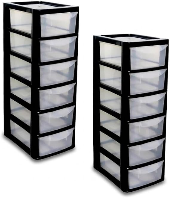 Plastic Storage Drawers Unit 6 Tier Small mini Tower Homes, Kitchen, Schools, Offices Plastic Drawer Organizer Desktop Table Top Drawers Stationary 26Dx19Wx60H (2, 6 Drawer Black Clear)