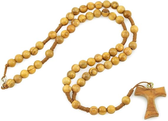 Olive Wood Rosary Necklace with Tau Cross for Men and Women - Handmade Wooden Catholic Prayer Beads