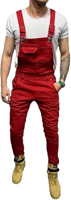 Mens Denim Bib Overalls Fashion Jumpsuit Workwear Slim Fit Dungaree Pants Jumpsuit with Pocket XL, Red