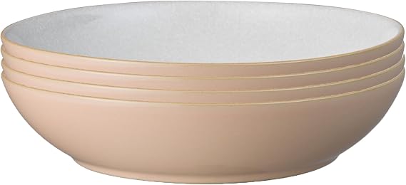 Denby - Elements Shell Peach Pasta Bowls Set of 4 - Dishwasher Microwave Safe Crockery 1050ml 22cm - Peach, White Ceramic Stoneware Tableware - Chip & Crack Resistant