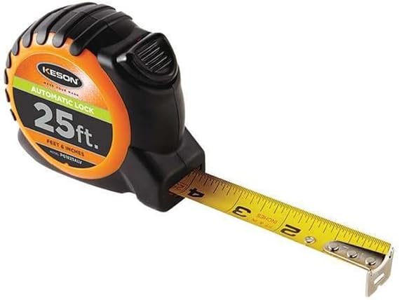 Keson PG1825ALV Short Tape Measure with Nylon Coated Steel Blade and High-Visibility Orange ABS Case, Auto Lock (Graduations: ft., in, 1/8), 1-Inch by 25-Foot