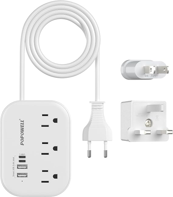 European Plug Adapter,EU/UK/US Travel Power Strip with 3 Outlets & 4 USB Ports(3.4A), International Power Adapter with 3 FT Extension Cord Compact for US to EU UK Germany Italy France Cruise | 3 Outlets & 3 USB, Type C Power Adapter,for US to EU UK Germany Italy France Cruise