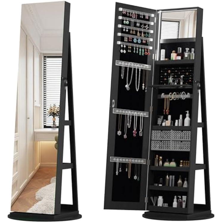 360 Swivel Jewelry Armoire with Full-Length Mirror, Lockable Standing Jewelry Cabinet Organizer w Inside Makeup Mirror, Back Storage Shelves for Bedroom, Cloakroom, Living Room Antique Black1