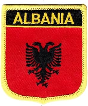 1 PSC Albania Flag Shield Embroidered Patch, Iron-On National Emblem, 2.76 x 2.36 inches, Yellow Border Albania