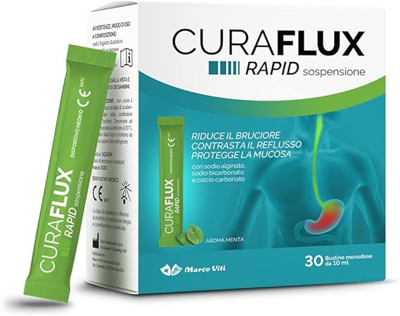 Marco Viti CURAFLUX Rapid Oral Suspension 30 Stick Pack of 10ml - with Sodium Alginate, Bicarbonate and Calcium Carbonate, Rapid Relief from Reflux, Burning, Hyperacidity, Ideal for Digestion