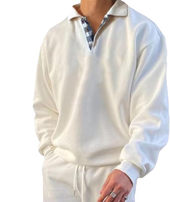 PICKLION Mens Long Sleeve Polo Shirt Loose Fit Casual Sport Retro Solid Pullover Sweatshirt