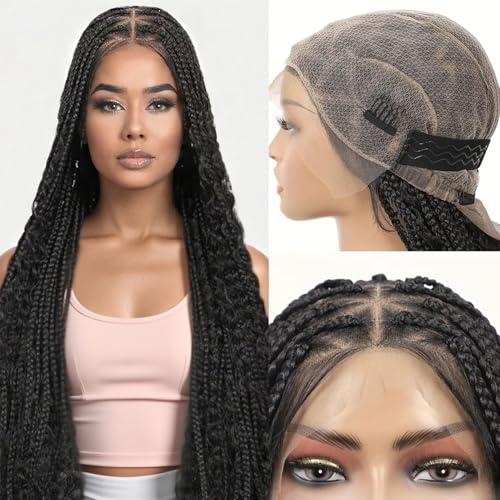 Hd Full Lace Box Braided Wigs for Black Women Glueless Knotless Lace Front Faux Locs Wig With Baby Hair Boho Long Curly Braiding Hair Extensions Natural Synthetic 36 Inch