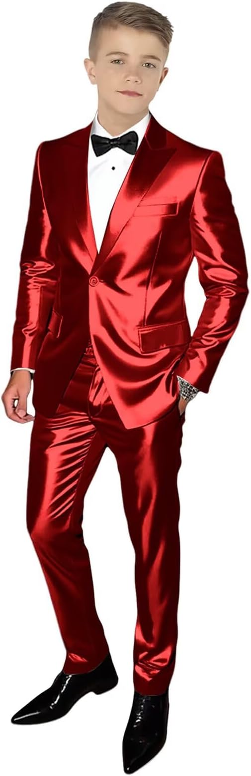 Boy's Satin Suits 2 Piece Casual Shiny Suits for Boy with Jackets and Pants for Prom Party Wedding