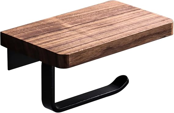 Toilet Paper Holder with Black Walnut Wooden Shelf for Bathroom, Wall Mount Toilet Paper Tissue Holder for Mega Rolls