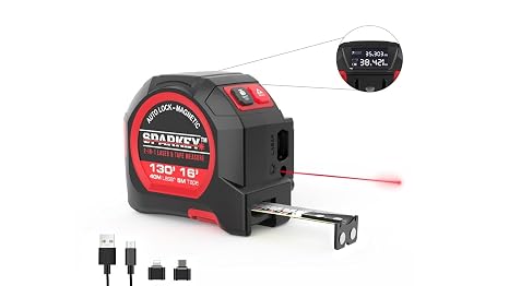 SPARKEY 2-in-1 Laser Tape Measure, 130Ft Laser Distance Measurement, Area/Volume & 16Ft Tape Measuring, Magnetic Hook, USB Rechargeable, Auto Lock, M/Ft/in/Ft+in, LCD Display.Class II.