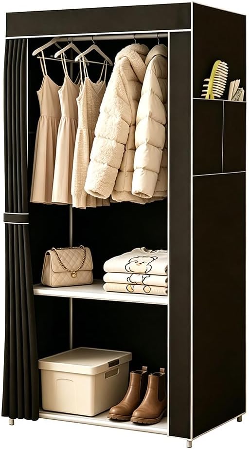 Portable Single Canvas Wardrobe, Foldable Fabric Wardrobes with Hanging Rail and Shelves for Bedroom, Storage Organizer for Clothes, Shoes, Bags & Toys