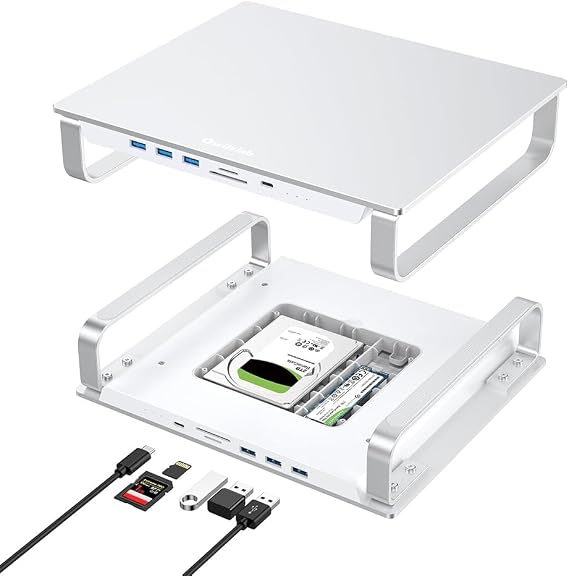 Qwiizlab USB C Hub Stand with Dual Drive Enclosure, Docking Station for Mac Studio Mac mini M2/M1/Intel, Type-C 10Gbps, Card Readers 100MB/s, Fits M.2 NVMe NGFF SSD & 2.5'' SATA SSD (Silver)