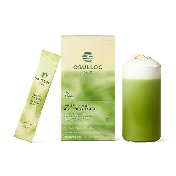 OSULLOC Jeju Matcha Oat Blend Dairy-Free Matcha Latte Powder, 10 Count | Plant-based Jeju matcha with oat, almond, soy, and coconut, lightly sweetened for creamy lattes with just water