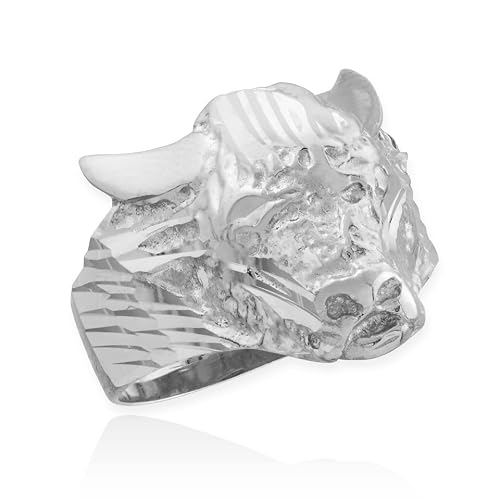 14K Yellow, White, and Rose Gold Mens Polished Sparkle Cut 3.1mm Wide Band Taurus Bull Ring, Available in Sizes 7-16