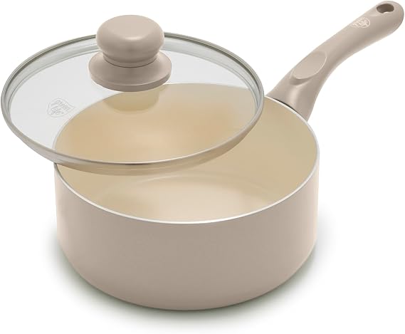 GreenLife 2QT Ceramic Nonstick Saucepan with Lid, Beige Taupe | PFAS-Free Ceramic Nonstick Coating, Soup Pot, Induction Ready, All Stovetop Compatible, Stay-Cool Handles, Dishwasher Safe