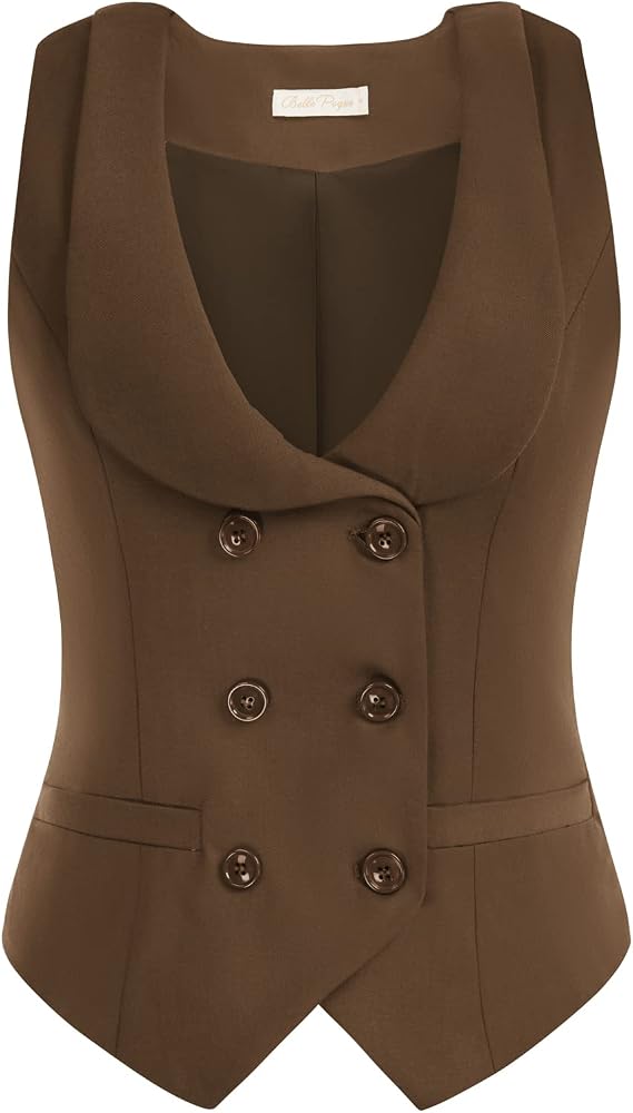 Belle Poque Women Double Breasted Waistcoat Vintage Lapel Collar Vest Coat with 2 Pockets