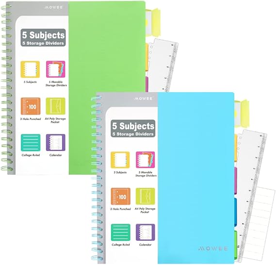 2 Pack Spiral Notebook - 5 Subject Notebook Light Blue Green