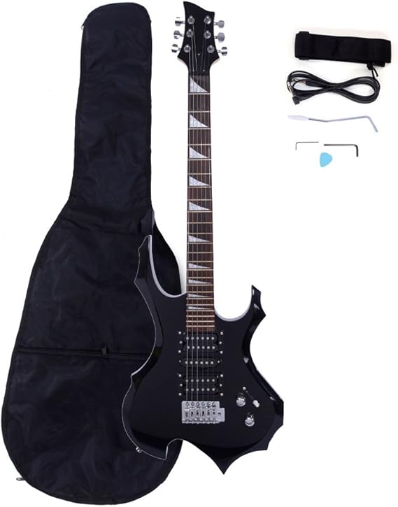 36 Beginner Flame Shaped Electric Guitar Starter Kit, w/Guitar Bag,Shoulder Strap,Amp Wire,Tremolo Arm, Plectrum (Black)