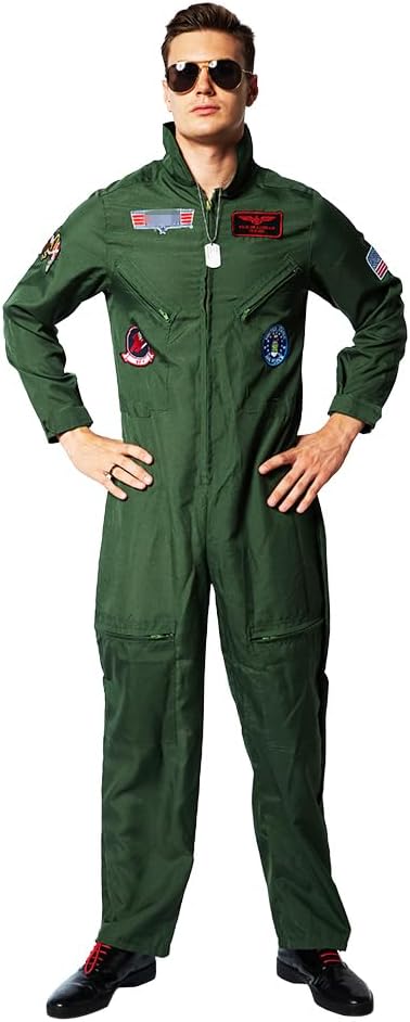EraSpooky Men Pilot Costume Aviator Fancy Dress Halloween Party Cosplay Outfit for Adult