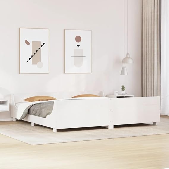 White King Size Bed Frame 200x200 cm Pine Wood & Plywood Slats, Solid Robust Daybed Frame with Headboard for Bedroom, Double Bed Base Easy Assembly