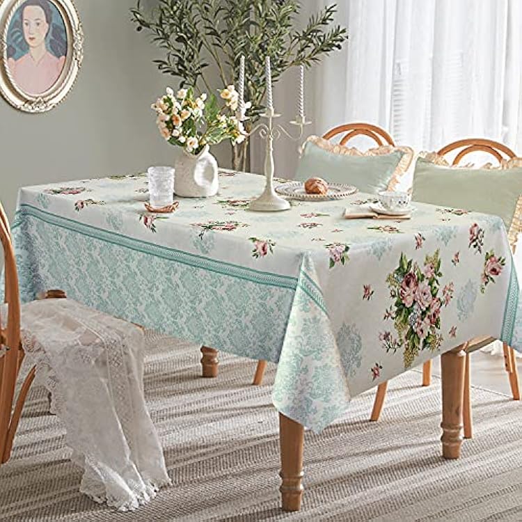 Vinyl Tablecloth Rectangle, Plastic Table Cloth, Oil Spill Proof Wipeable PVC Table Cover for Spring Indoor Decoration Teal Flower, 5478