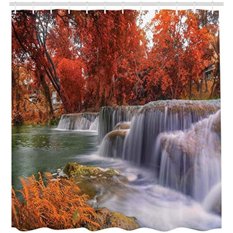 Lunarable National Parks Shower Curtain, Exotic Cascade to Creek Enchanted Autumn Season with Faded Fall Leaves, Cloth Fabric Bathroom Decor Set with Hooks, 105 Extra Wide, Orange White