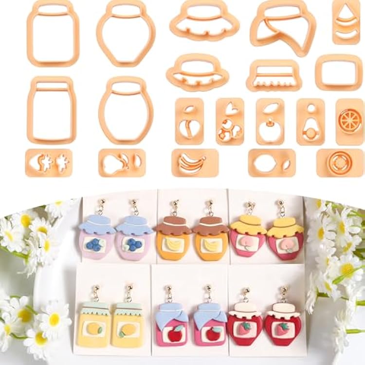 Puocaon Fruits Polymer Clay Cutters - 20 Pcs Cute Fruits Jar Clay Cutters for Polymer Clay Jewelry, Mini Fruit Stud Canned Jam Shape