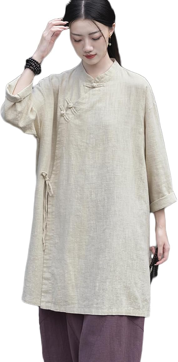 Women's Tunic Shirt Long Sleeve Cotton Linen High Low Retro Chinese Loose Fit Zen Costume Tops Shirts