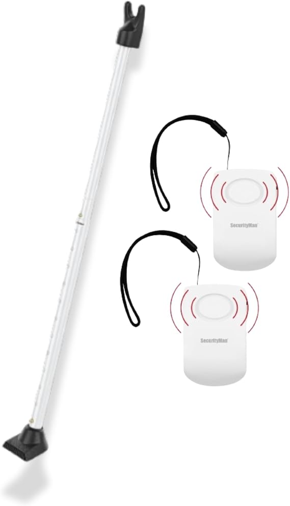 SECURITYMAN 2-in-1 Door Security Bar (1 Pack - White) & Door Handle Alarm (2 Pack) Heavy-Duty Iron Door Jammer & 130dB Vibration-Triggered Portable Alarm for Home, Travel, and Hotel Security