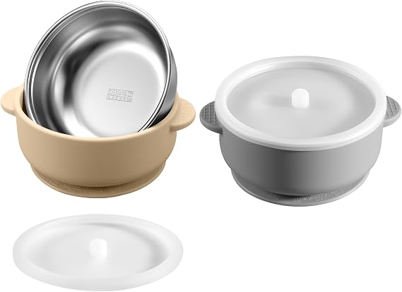 2 Pack Stainless Steel Baby Bowls with Removable Non-Slip Silicone Suction Shell and Lids, Anti Scald Food Container for Baby Food Feeding-Gray & Cream