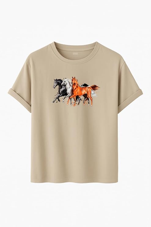 DK DAKSEL Unisex At Baskılı T-Shirt,%100 Pamuk, Rahat Kesim, Kısa Kollu, Yuvarlak Yaka, Günlük Kullanım
