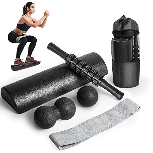 High-Density Exercise Half Round Foam Rollers Set for Physical Therapy, Balance & Core Exercises, Pilates,Deep Tissue Massage with Muscle Roller Stick, Plantar Fasciitis Ball, Booty Bands