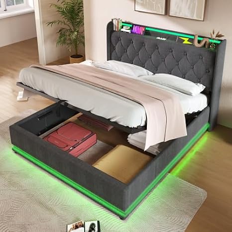 Upholstered Ottoman Bed with 360 Surround Led Function&Charging Station, 4ft6 Double Bed Frame with Hydraulic Lift&Storage Headboard, Linen Functional Upholstered Bed Frame with Slat, No Mattress,Grey