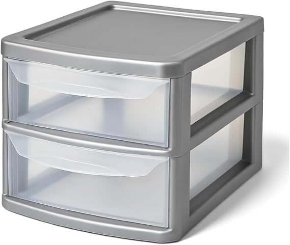 A4 Medium 2 Tier Silver/Clear Slim Storage Drawer - Clear Plastic Multipurpose Desktop Storage Unit - Space Saving Organiser For Stationery, Craft Supplies, Document Organiser Desk Storage Drawers