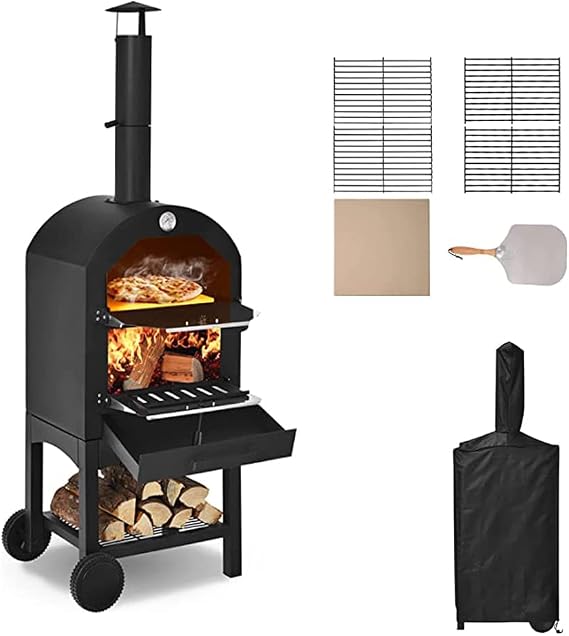 Fired Outdoor Pizza Oven, Wood Fired Pizza Oven for Outside, Freestanding Steel Oven with 2 Wheels Ideal for Barbecue Camping Backyard Party