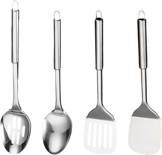 Stainless Steel Kitchen Utensil Set 4 Pieces, Essential Home Kitchen Gadgets Accessories Including Kitchen Ladles and Spatula Set, Complete Kitchen Utensils Set