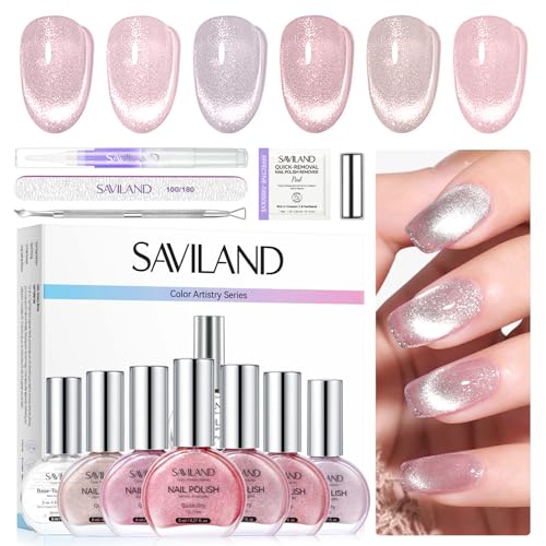 SAVILAND Cat Eye Nail Polish Kit: 61 Colors Quick-Dry Magnetic Sparkle Diamond Glitter Nude Pink Nail Polish Set with 3-in-1 Base Top Coat Cuticle Oil 12-Free Fingernail Polish Women Gift