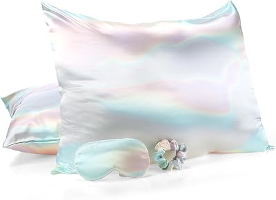 2 Pack Satin Pillowcase with Hidden Zipper, Adjustable Satin Eye Mask for Sleeping and Satin Volume Scrunchie for Hair and Skin, Standard SizeAurora,Classic Style