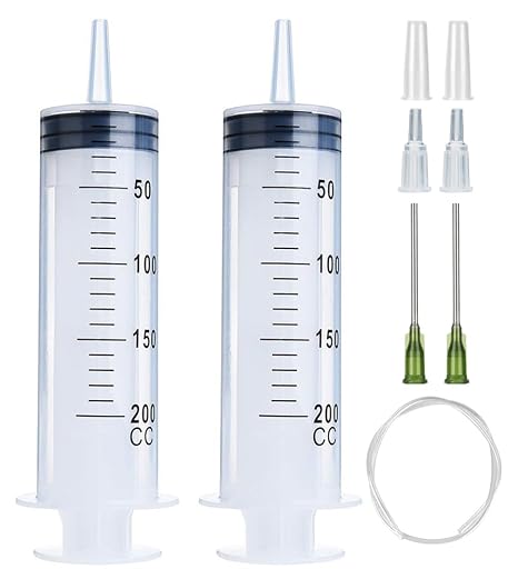 2 Pack 200ml Syringes with 55.1 Inch Tube and Needle 14G 1.5, Large Plastic Syringe Individually Packaged for Scientific Labs, Watering, Refilling
