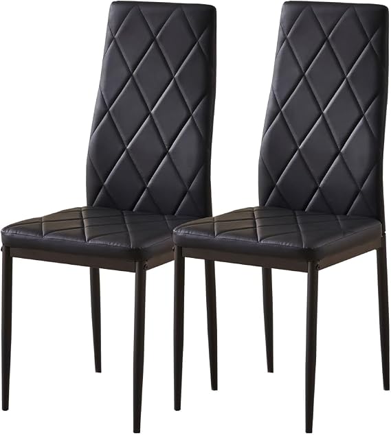 Black PU Leather Dining Chairs Set of 2 High Back with Metal Legs for Dining Room Kitchen, Side Chairs for Restaurant Office Meeting Home/Commercial (2, Black Argyle Leather)