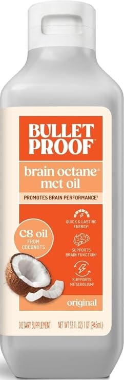 Bulletproof Brain Octane C8 MCT Oil, Non-GMO, 32 oz 100% C8 from Coconut | 100% Pure Coconut Oil, Triple-Distilled Keto Energy Supplement for Coffee & Smoothies, Unflavored, No Additives, Non-GMO