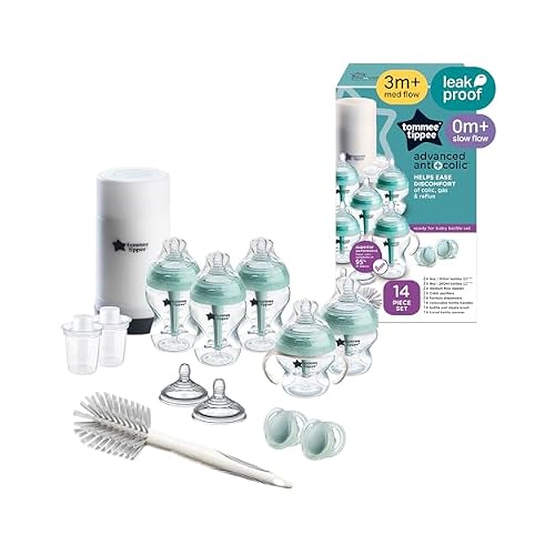 Tommee Tippee Advanced Anti-Colic 14 Piece Baby Bottle, Travel Bottle Warmer & Pacifier Set, 5 BPA Free Bottles, 0 Months, 2 Newborn Pacifiers, 2 Extra Nipples, Cleaning Brush, Bottle Handles