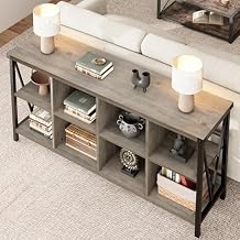 CABIHOME 62 Inch 8-Cube Storage Organizer Bookshelf, 3-Tier Metal Horizontal Bookcase, Industrial Console Bookshelf for Living Room, Entryway, or Office, Long Low Storage Shelf-Grey.