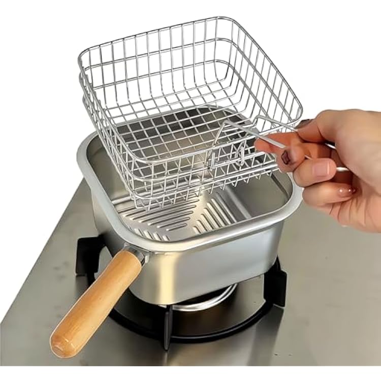 Small Deep Fryer Pot with Basket, Multi-Function Small Pots for Cooking, Stainless Steel Square Ramen Cooker for 1 to 2 People, Works on Gas Stovetop or Induction Cooktop, Dishwasher Safe, 2.6-Quart