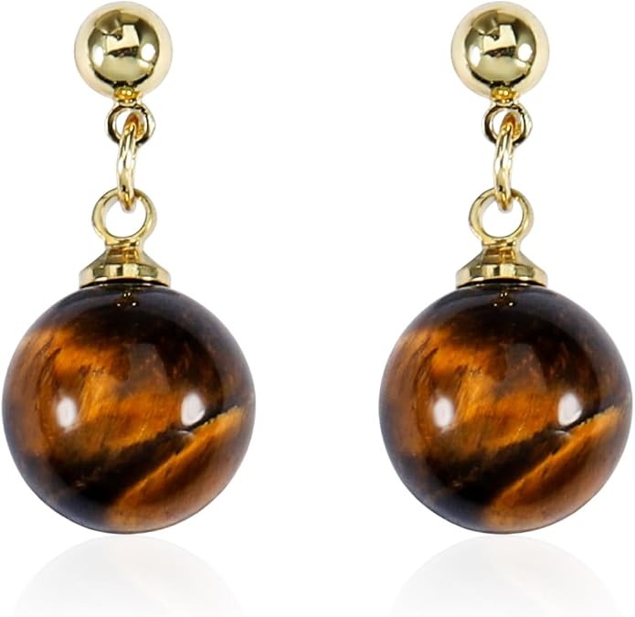 IDOKAWA Natural Tiger Eye 5-12mm Roundelle Beads Earring Gold Plated Dangle Drop Earrings Gold Hoop Stud Earrings for Women Fashion Jewelry