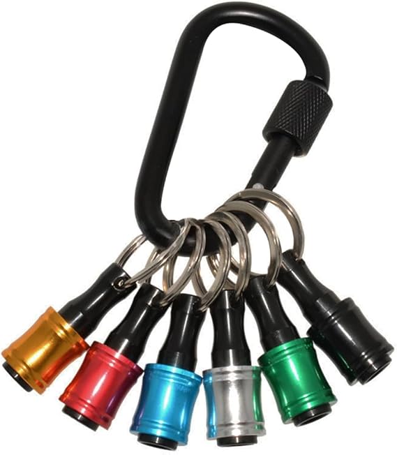6Pcs Hex Shank Screwdriver Bits Holder, 1/4 inch Aluminum Alloy Drill Bit Holder Keychain Set Quick-Change Extension Screw Socket Adapter with Black Carabiner, Mixed Colors