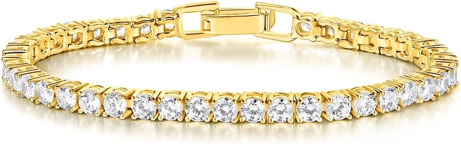Gemsme 4 Prong Tennis Bracelet, 18K White/Yellow Gold Plated 3mm Round Cubic Zirconia Bracelet for Women Size 6-8.5 Inch