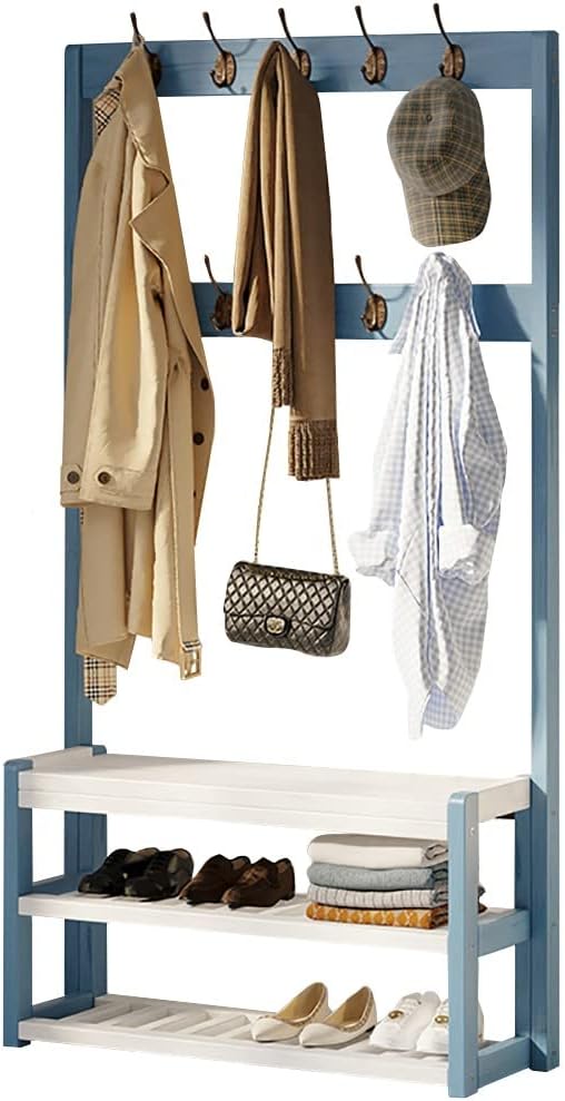 3-in-1 Entryway Coat Rack Shoe Bench, Sturdy Wood Hall Tree with Storage Bench and 9 Removable Hooks, Storage Organizer Bench with,Coat Shoe Rack Stand Easy Assembly,100X30X170CM
