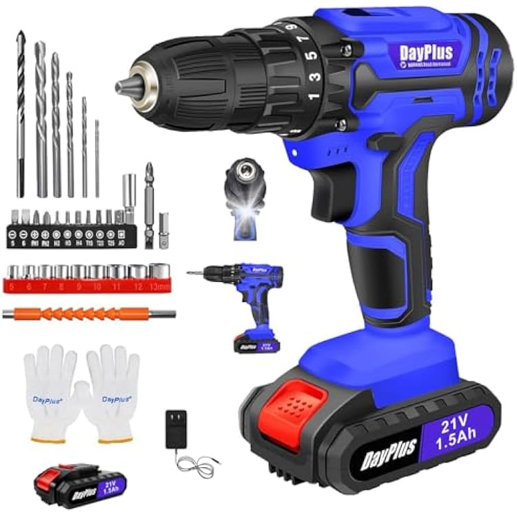 Power Drill Cordless, Electric Cordless Drill Set with LED, 21V 1500mAh Lithium-Ion Battery, Charger, Driver Bits, 251 Torque Setting, 38-Inch Keyless Chuck, Variable Speed Blue